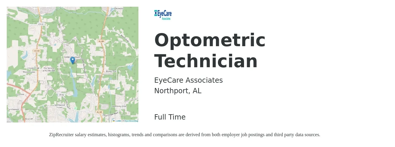 EyeCare Associates job posting for a Optometric Technician in Northport, AL with a salary of $15 to $19 Hourly with a map of Northport location.