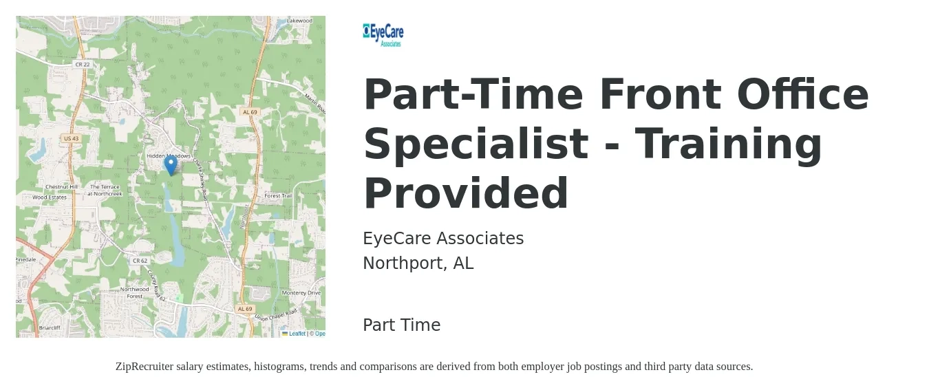 EyeCare Associates job posting for a Part-Time Front Office Specialist - Training Provided in Northport, AL with a salary of $14 to $18 Hourly with a map of Northport location.