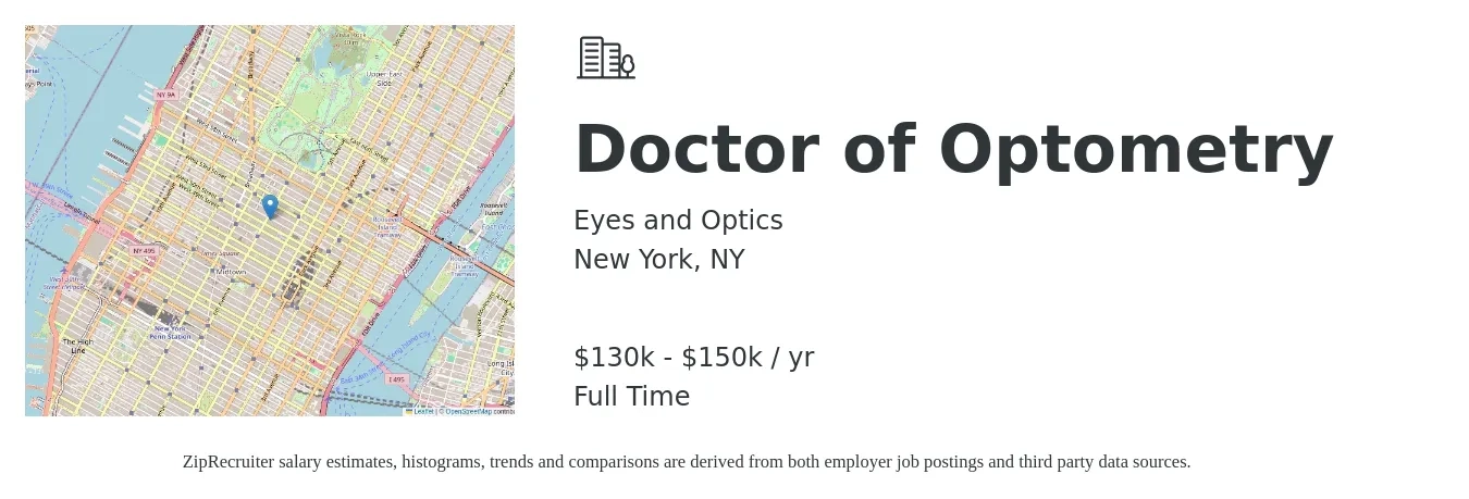Eyes and Optics job posting for a Doctor of Optometry in New York, NY with a salary of $130,000 to $150,000 Yearly with a map of New York location.
