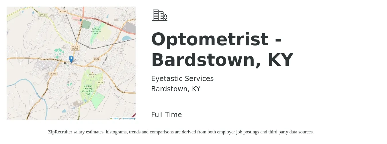 Eyetastic Services job posting for a Optometrist - Bardstown, KY in Bardstown, KY with a salary of $86,200 to $128,400 Yearly with a map of Bardstown location.
