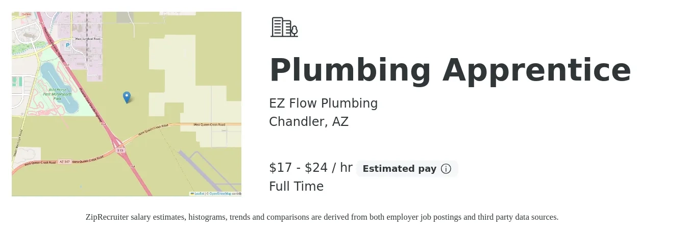 EZ Flow Plumbing job posting for a Plumbing Apprentice in Chandler, AZ with a salary of $18 to $25 Hourly with a map of Chandler location.