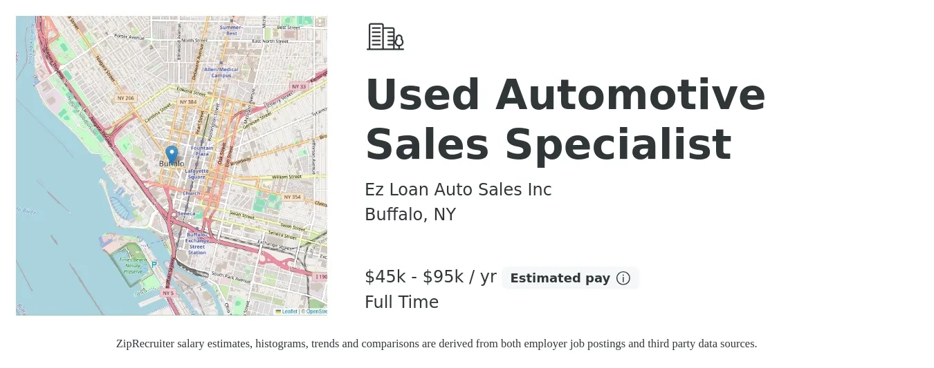 Ez Loan Auto Sales Inc job posting for a Used Automotive Sales Specialist in Buffalo, NY with a salary of $45,500 to $95,500 Yearly with a map of Buffalo location.
