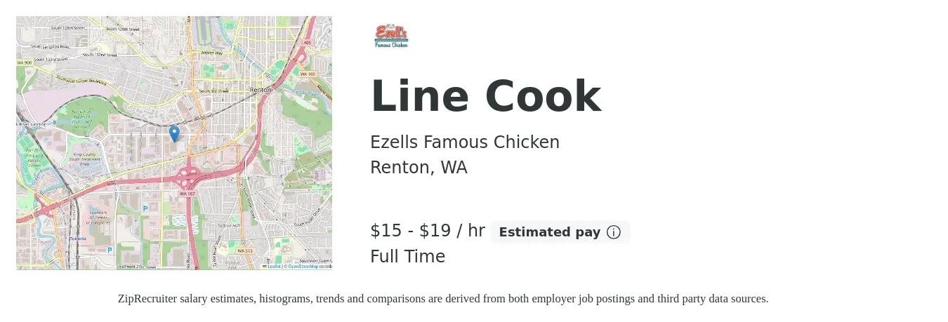Ezells Famous Chicken job posting for a Line Cook in Renton, WA with a salary of $16 to $21 Hourly with a map of Renton location.
