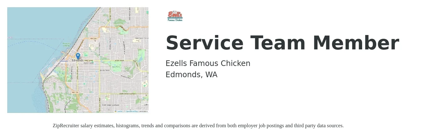 Ezells Famous Chicken job posting for a Service Team Member in Edmonds, WA with a salary of $16 to $21 Hourly with a map of Edmonds location.