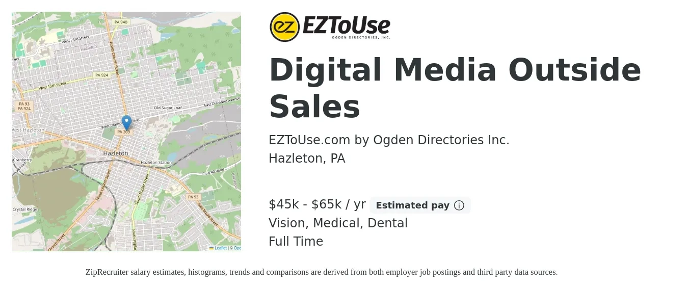 EZToUse.com by Ogden Directories Inc. job posting for a Digital Media Outside Sales in Hazleton, PA with a salary of $45,000 to $65,000 Yearly (plus commission) and benefits including retirement, vision, dental, life_insurance, and medical with a map of Hazleton location.