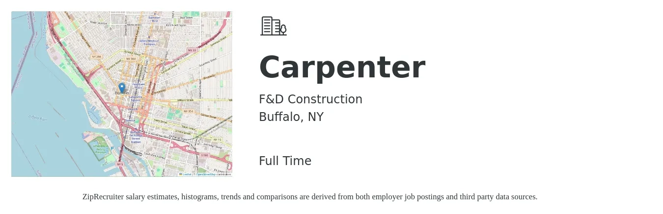 F&D Construction job posting for a Carpenter in Buffalo, NY with a salary of $21 to $28 Hourly with a map of Buffalo location.