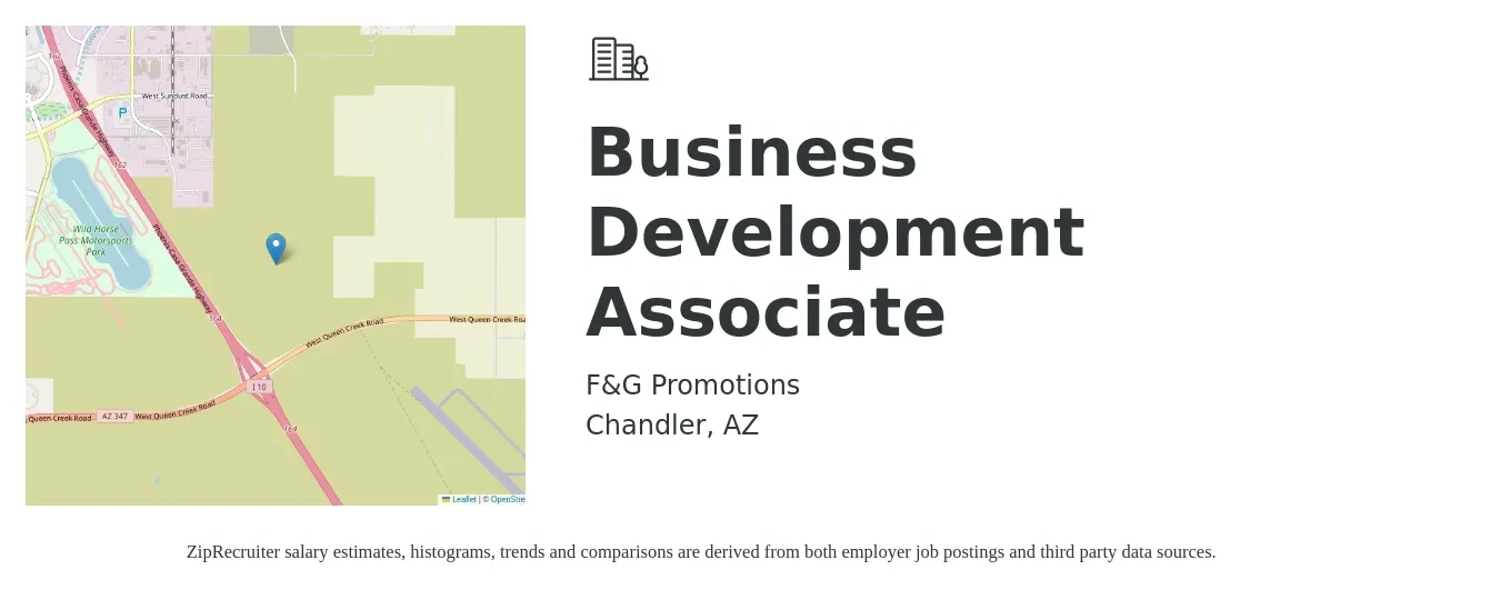 F&G Promotions job posting for a Business Development Associate in Chandler, AZ with a salary of $43,800 to $60,100 Yearly with a map of Chandler location.