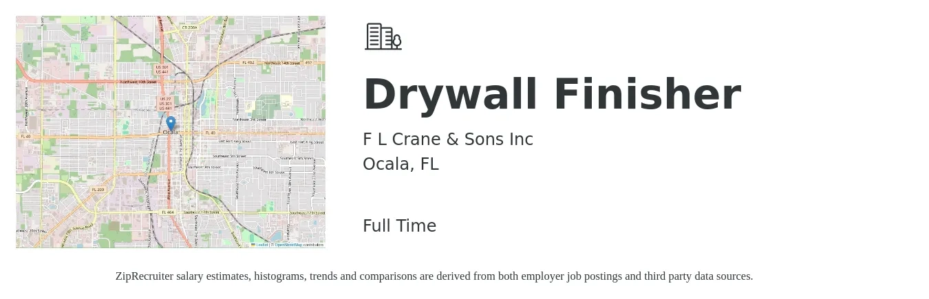 F L Crane & Sons Inc job posting for a Drywall Finisher in Ocala, FL with a salary of $19 to $26 Hourly with a map of Ocala location.