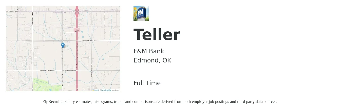 F&M Bank job posting for a Teller in Edmond, OK with a salary of $14 to $18 Hourly with a map of Edmond location.
