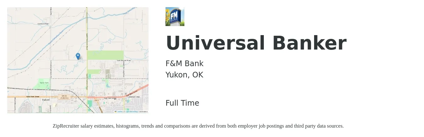 F&M Bank job posting for a Universal Banker in Yukon, OK with a salary of $15 to $19 Hourly with a map of Yukon location.