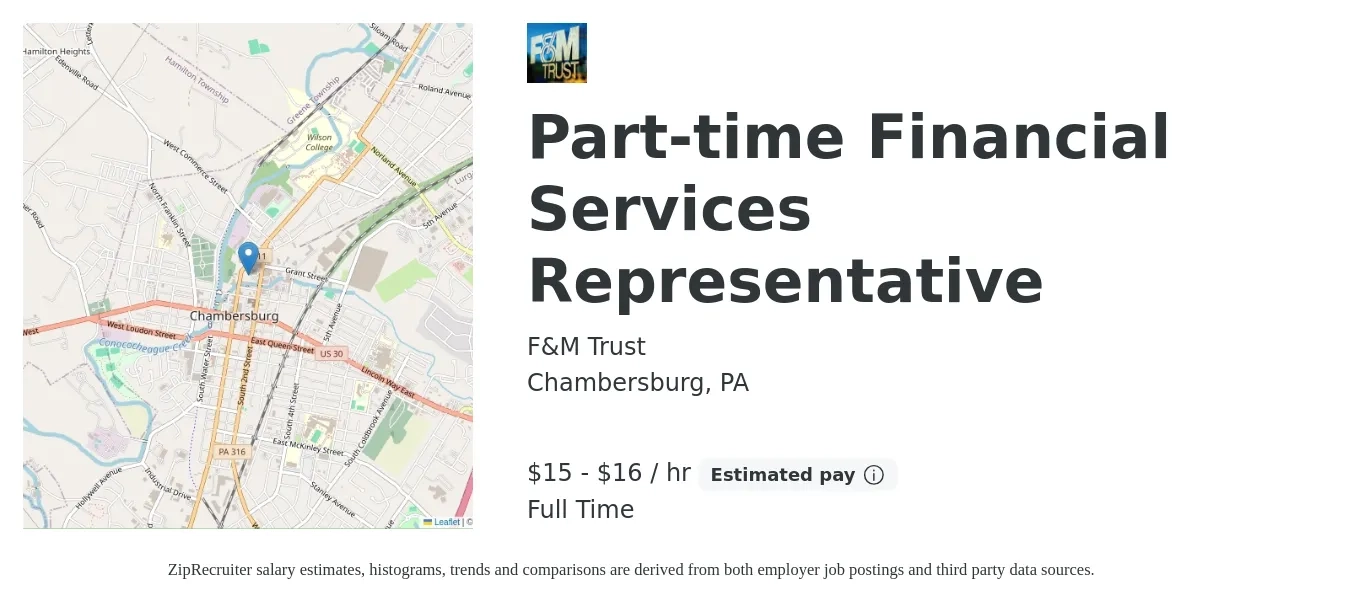 F&M Trust job posting for a Part-time Financial Services Representative in Chambersburg, PA with a salary of $16 to $17 Hourly with a map of Chambersburg location.