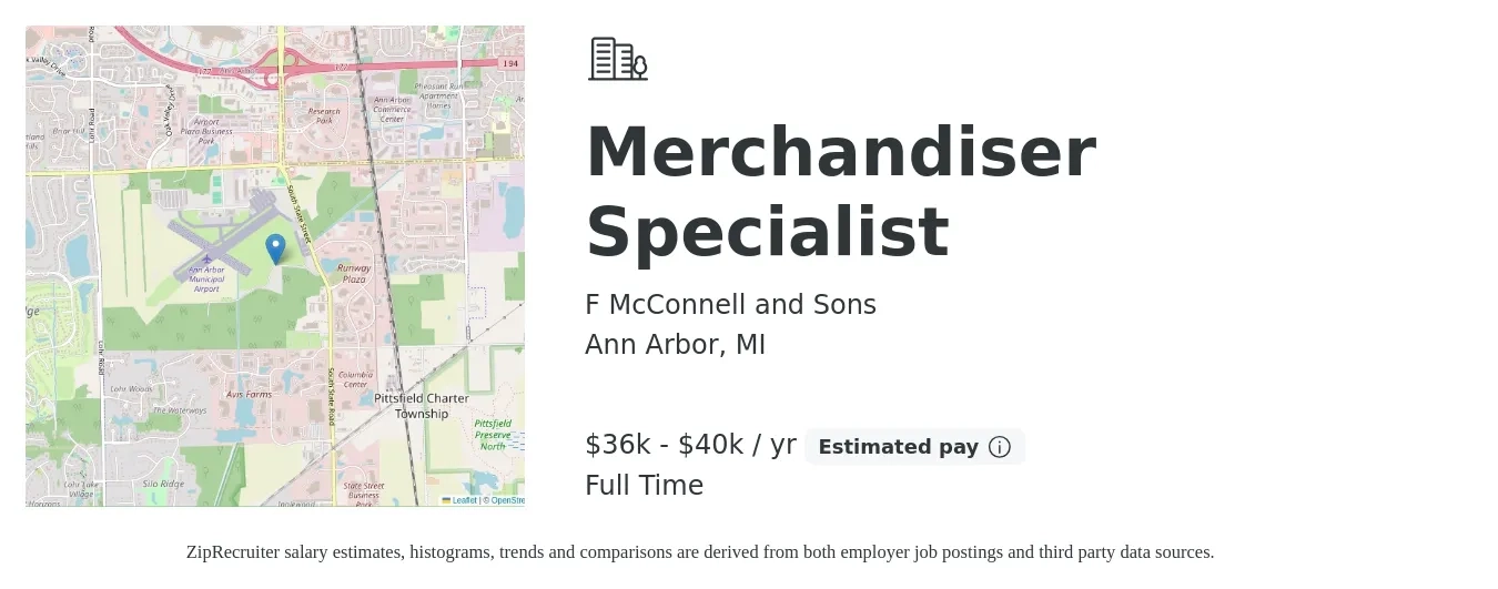 F McConnell and Sons job posting for a Merchandiser Specialist in Ann Arbor, MI with a salary of $36,500 to $40,000 Yearly with a map of Ann Arbor location.