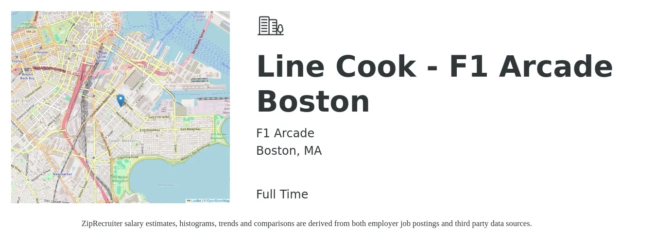 F1 Arcade job posting for a Line Cook - F1 Arcade Boston in Boston, MA with a salary of $17 to $22 Hourly with a map of Boston location.