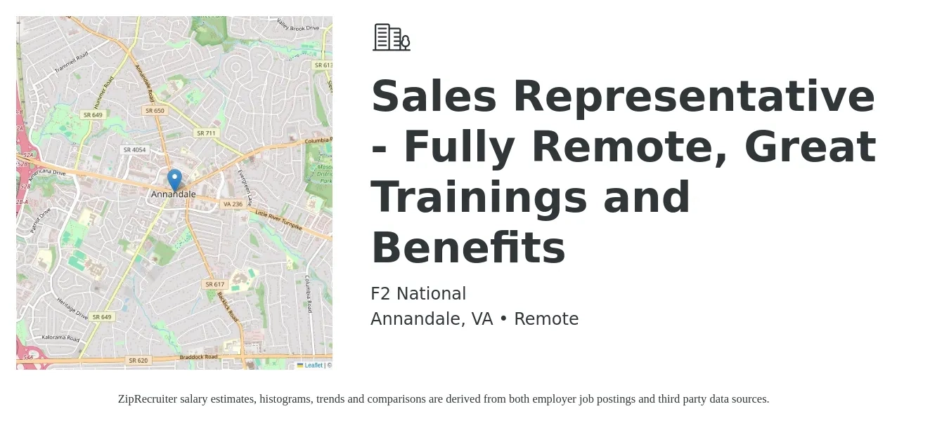F2 National job posting for a Sales Representative - Fully Remote, Great Trainings and Benefits in Annandale, VA with a salary of $250,000 to $300,000 Yearly with a map of Annandale location.