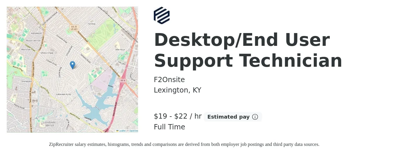 F2Onsite job posting for a Desktop/End User Support Technician in Lexington, KY with a salary of $20 to $23 Hourly with a map of Lexington location.