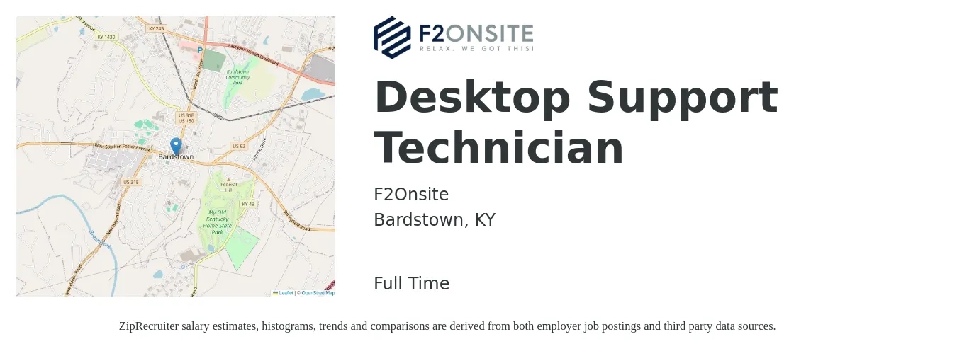 F2Onsite job posting for a Desktop Support Technician in Bardstown, KY with a salary of $18 to $23 Hourly with a map of Bardstown location.
