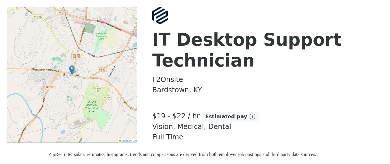 F2Onsite job posting for a IT Desktop Support Technician in Bardstown, KY with a salary of $20 to $23 Hourly and benefits including dental, medical, and vision with a map of Bardstown location.