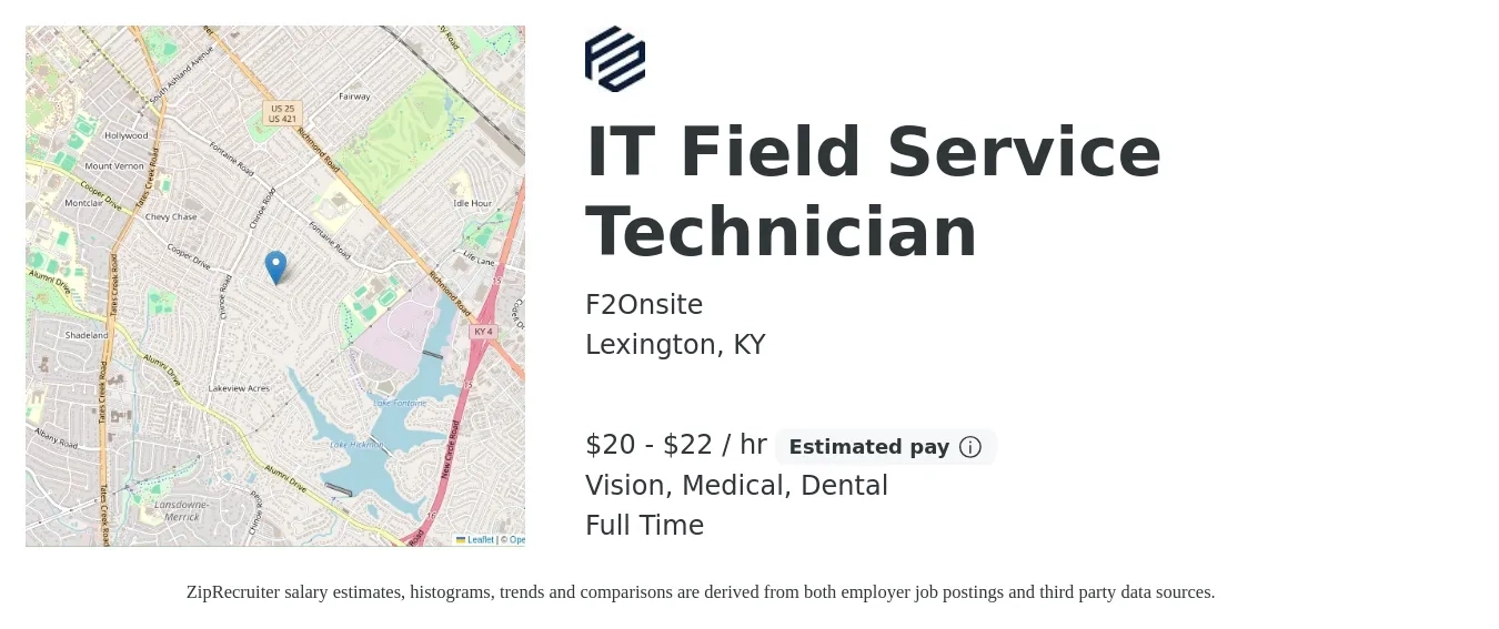 F2Onsite job posting for a IT Field Service Technician in Lexington, KY with a salary of $21 to $23 Hourly and benefits including vision, dental, and medical with a map of Lexington location.