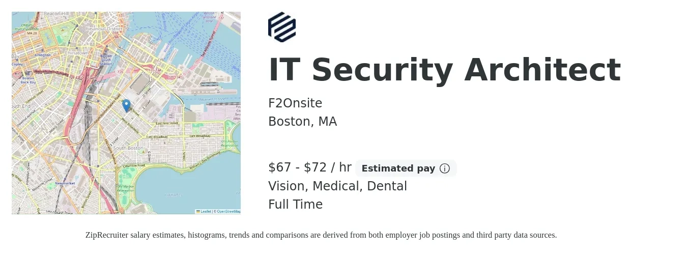 F2Onsite job posting for a IT Security Architect in Boston, MA with a salary of $70 to $75 Hourly and benefits including dental, medical, and vision with a map of Boston location.