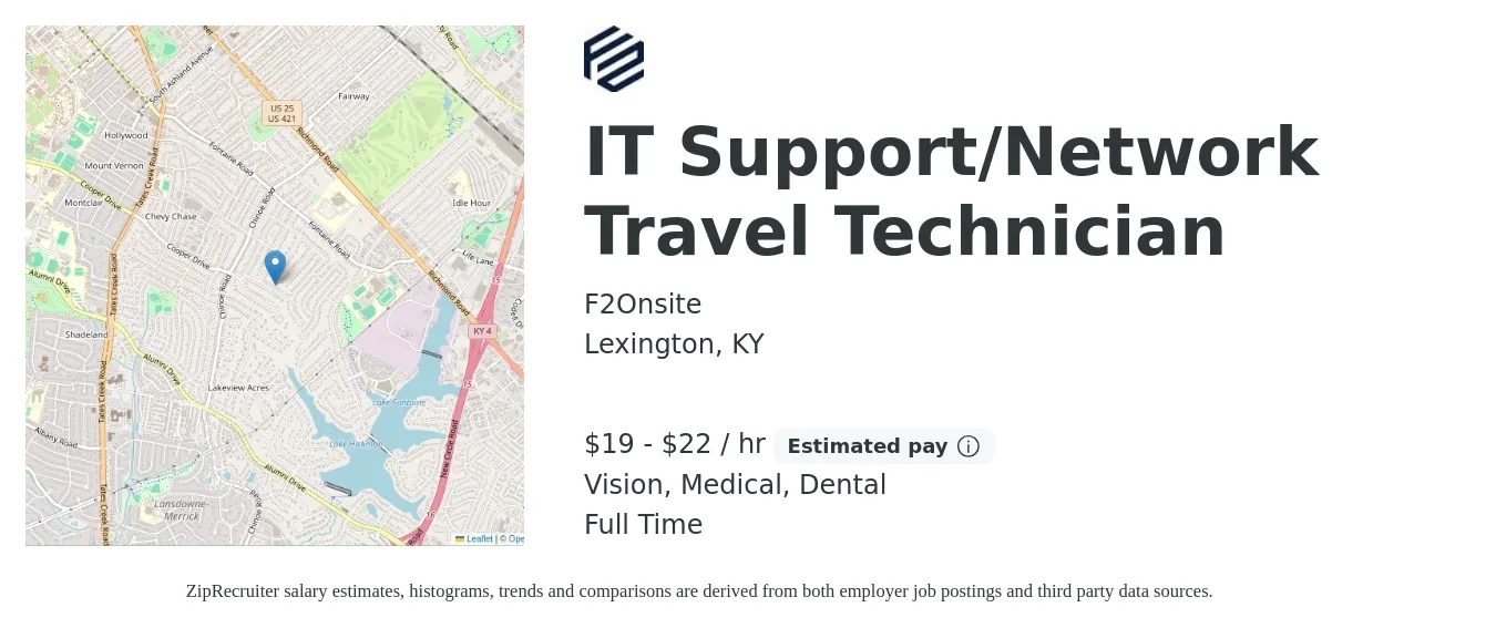 F2Onsite job posting for a IT Support/Network Travel Technician in Lexington, KY with a salary of $20 to $23 Hourly and benefits including dental, medical, and vision with a map of Lexington location.