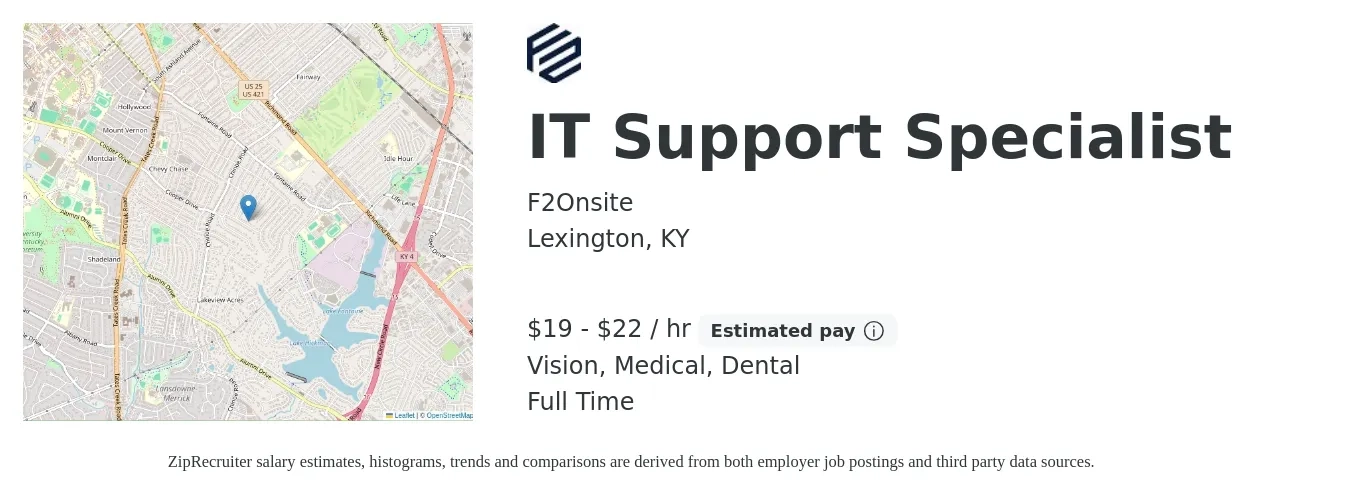 F2Onsite job posting for a IT Support Specialist in Lexington, KY with a salary of $20 to $23 Hourly and benefits including medical, vision, and dental with a map of Lexington location.