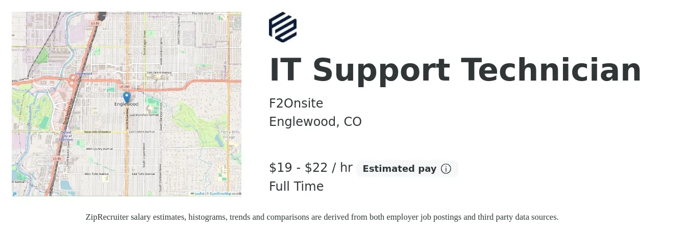 F2Onsite job posting for a IT Support Technician in Englewood, CO with a salary of $20 to $23 Hourly with a map of Englewood location.
