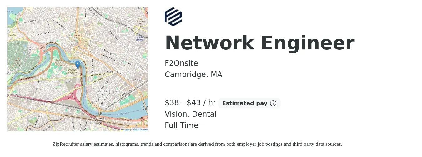 F2Onsite job posting for a Network Engineer in Cambridge, MA with a salary of $40 to $45 Hourly and benefits including vision, and dental with a map of Cambridge location.