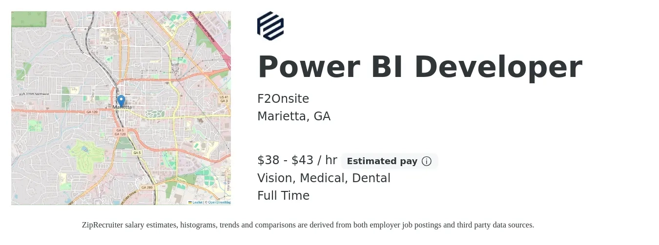 F2Onsite job posting for a Power BI Developer in Marietta, GA with a salary of $40 to $45 Hourly and benefits including dental, medical, and vision with a map of Marietta location.