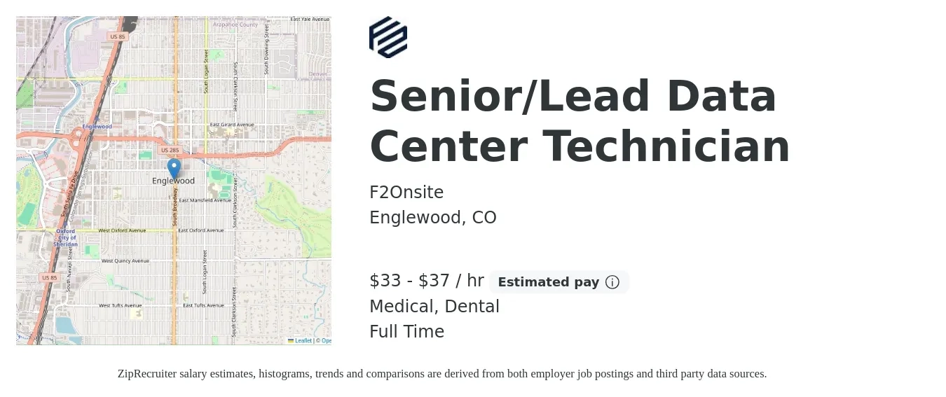 F2Onsite job posting for a Senior/Lead Data Center Technician in Englewood, CO with a salary of $35 to $39 Hourly and benefits including dental, and medical with a map of Englewood location.