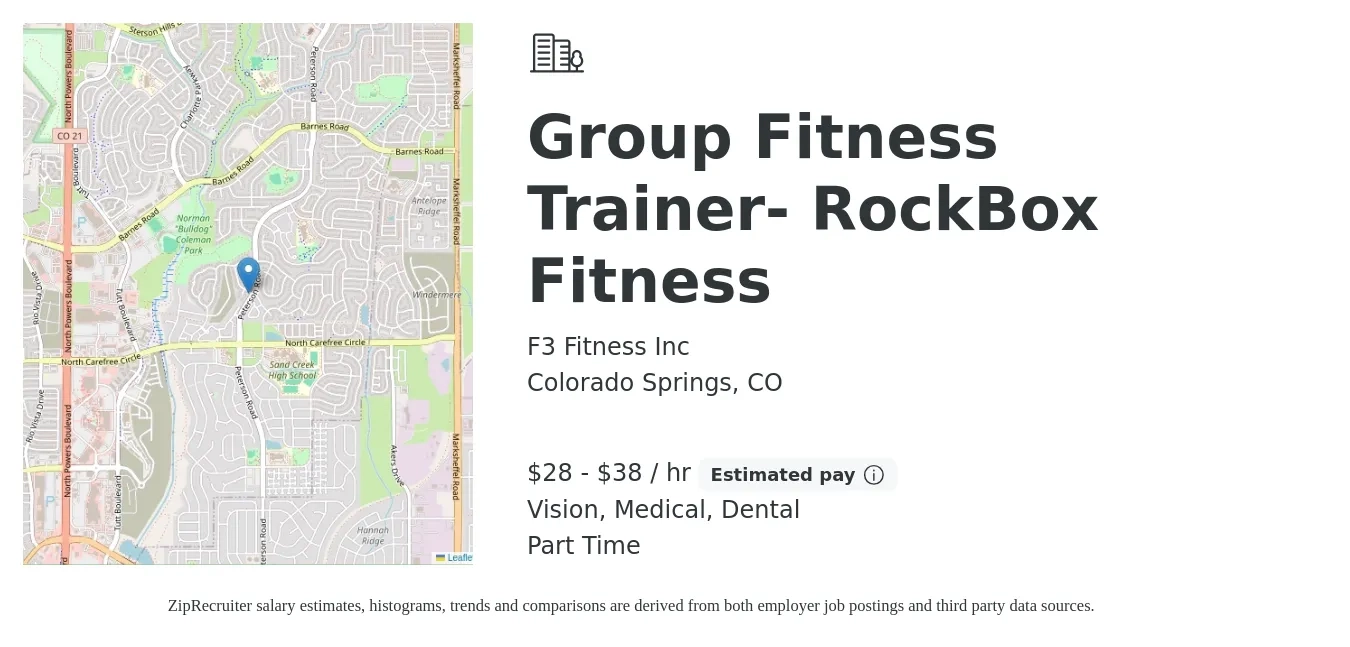 F3 Fitness Inc job posting for a Group Fitness Trainer- RockBox Fitness in Colorado Springs, CO with a salary of $30 to $40 Hourly (plus commission) and benefits including retirement, vision, dental, and medical with a map of Colorado Springs location.