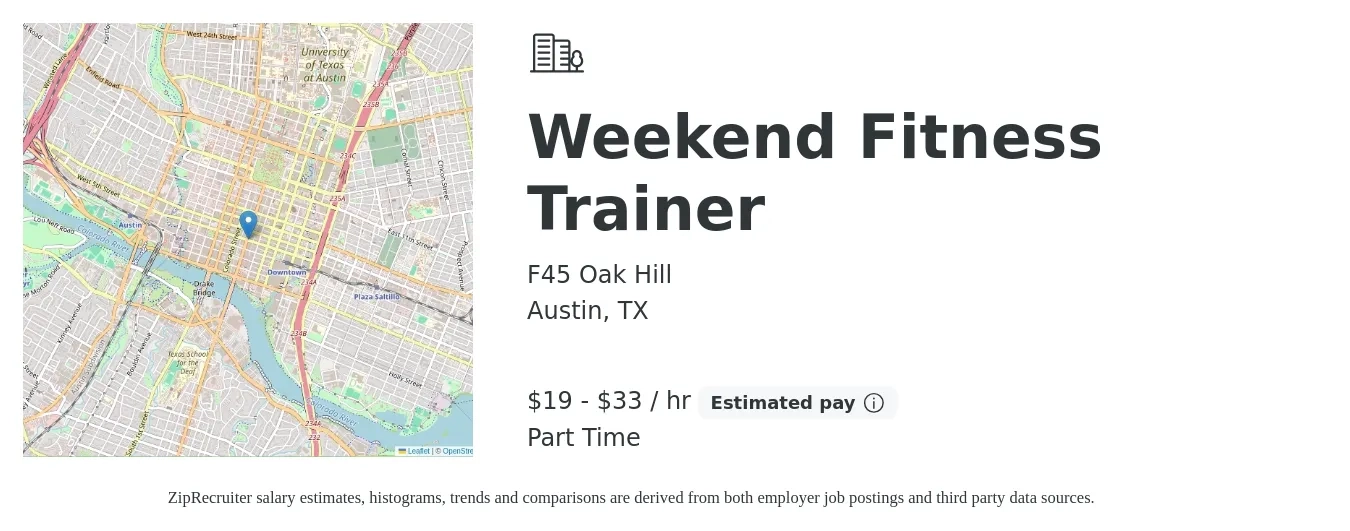 F45 Oak Hill job posting for a Weekend Fitness Trainer in Austin, TX with a salary of $20 to $35 Hourly with a map of Austin location.