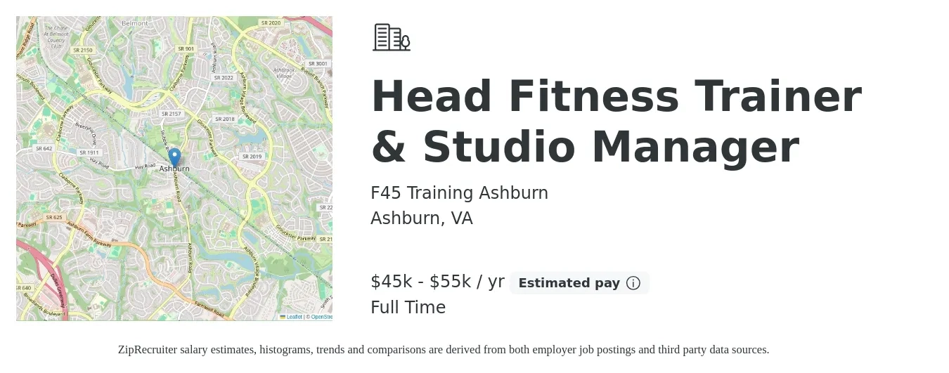 F45 Training Ashburn job posting for a Head Fitness Trainer & Studio Manager in Ashburn, VA with a salary of $45,000 to $55,000 Yearly with a map of Ashburn location.