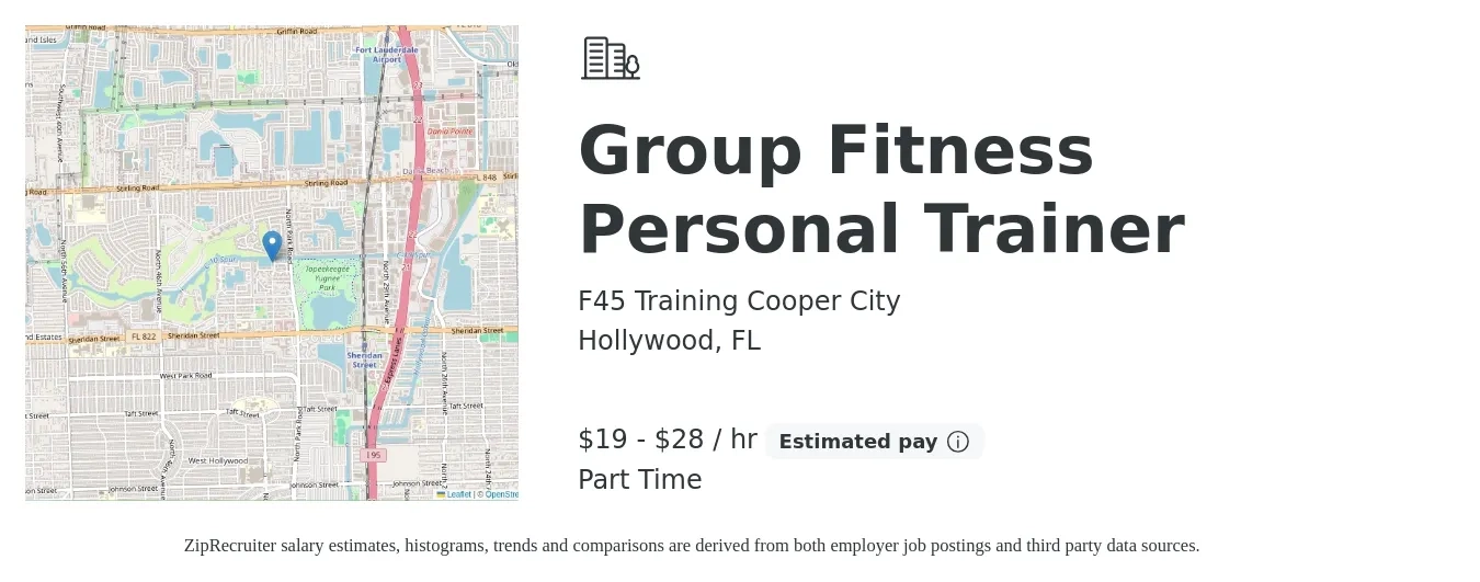 F45 Training Cooper City job posting for a Group Fitness Personal Trainer in Hollywood, FL with a salary of $20 to $30 Hourly with a map of Hollywood location.