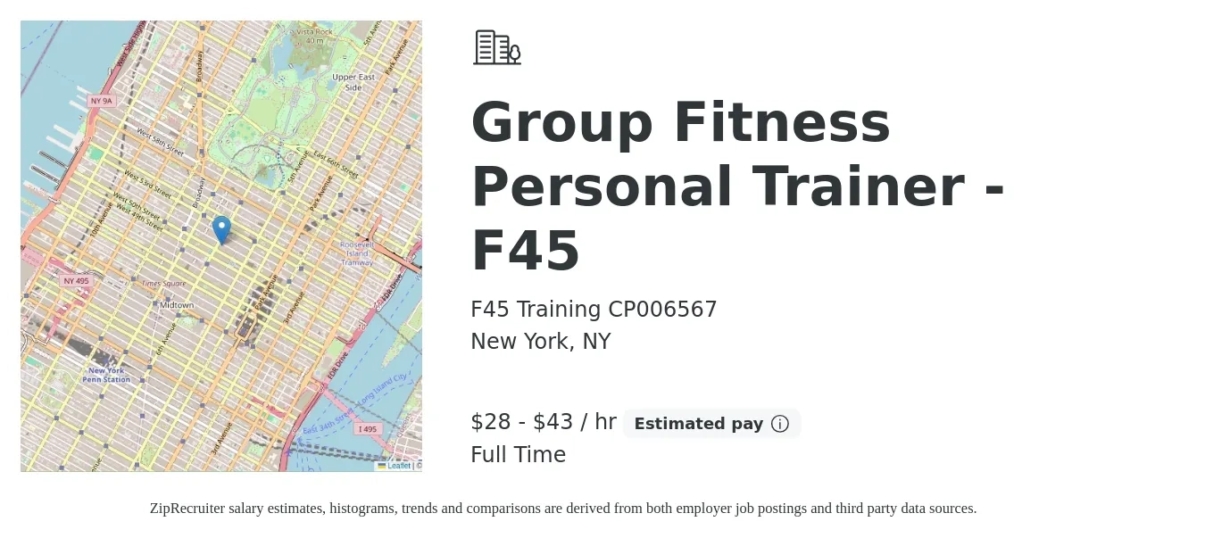 F45 Training CP006567 job posting for a Group Fitness Personal Trainer - F45 in New York, NY with a salary of $30 to $45 Hourly with a map of New York location.