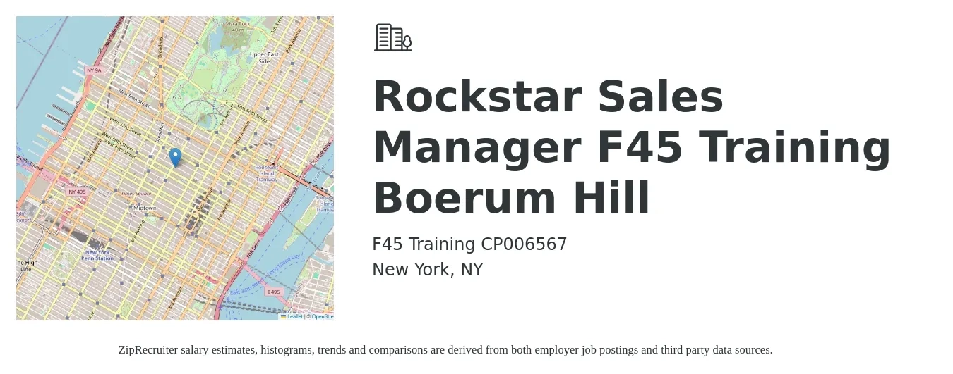 F45 Training CP006567 job posting for a Rockstar Sales Manager F45 Training Boerum Hill in New York, NY with a salary of $47,500 to $101,900 Yearly with a map of New York location.
