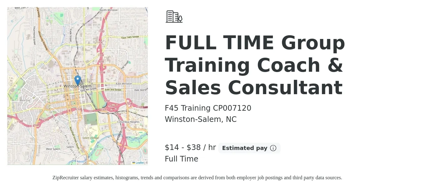 F45 Training CP007120 job posting for a FULL TIME Group Training Coach & Sales Consultant in Winston-Salem, NC with a salary of $15 to $40 Hourly with a map of Winston-Salem location.