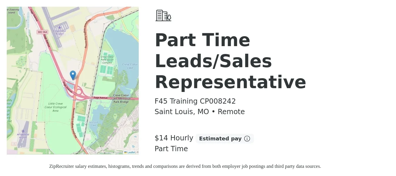 F45 Training CP008242 job posting for a Part Time Leads/Sales Representative in Saint Louis, MO with a salary of $15 Hourly with a map of Saint Louis location.