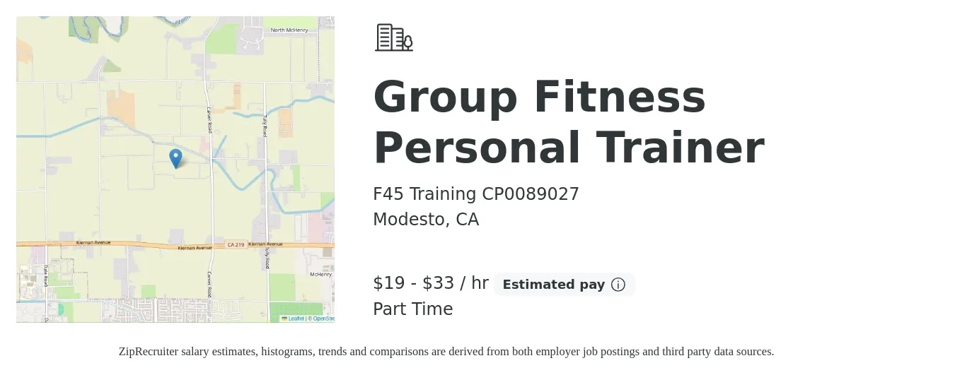 F45 Training CP0089027 job posting for a Group Fitness Personal Trainer in Modesto, CA with a salary of $20 to $35 Hourly with a map of Modesto location.