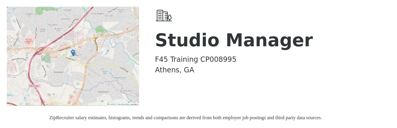 F45 Training CP008995 job posting for a Studio Manager in Athens, GA with a salary of $35,000 to $45,000 Yearly with a map of Athens location.