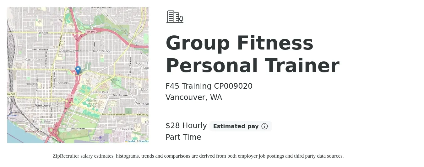 F45 Training CP009020 job posting for a Group Fitness Personal Trainer in Vancouver, WA with a salary of $30 Hourly with a map of Vancouver location.