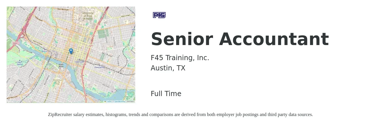 F45 Training, Inc. job posting for a Senior Accountant in Austin, TX with a salary of $73,300 to $92,200 Yearly with a map of Austin location.