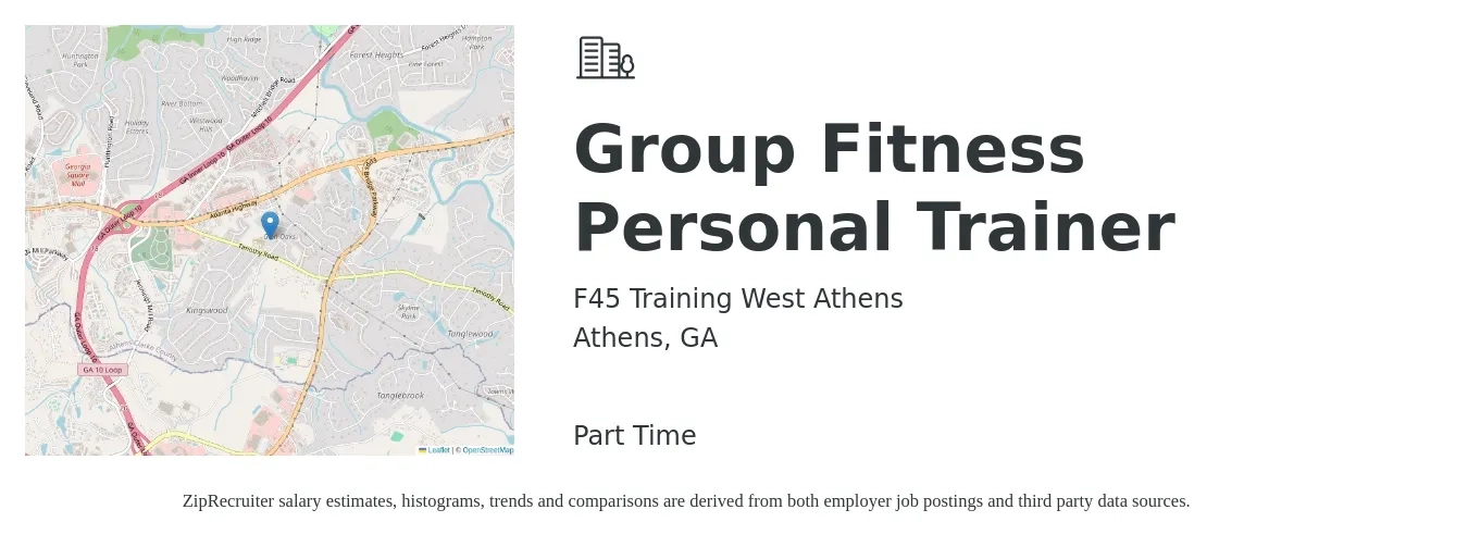 F45 Training West Athens job posting for a Group Fitness Personal Trainer in Athens, GA with a salary of $20 to $32 Hourly with a map of Athens location.