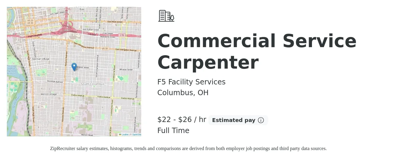 F5 Facility Services job posting for a Commercial Service Carpenter in Columbus, OH with a salary of $23 to $35 Hourly with a map of Columbus location.