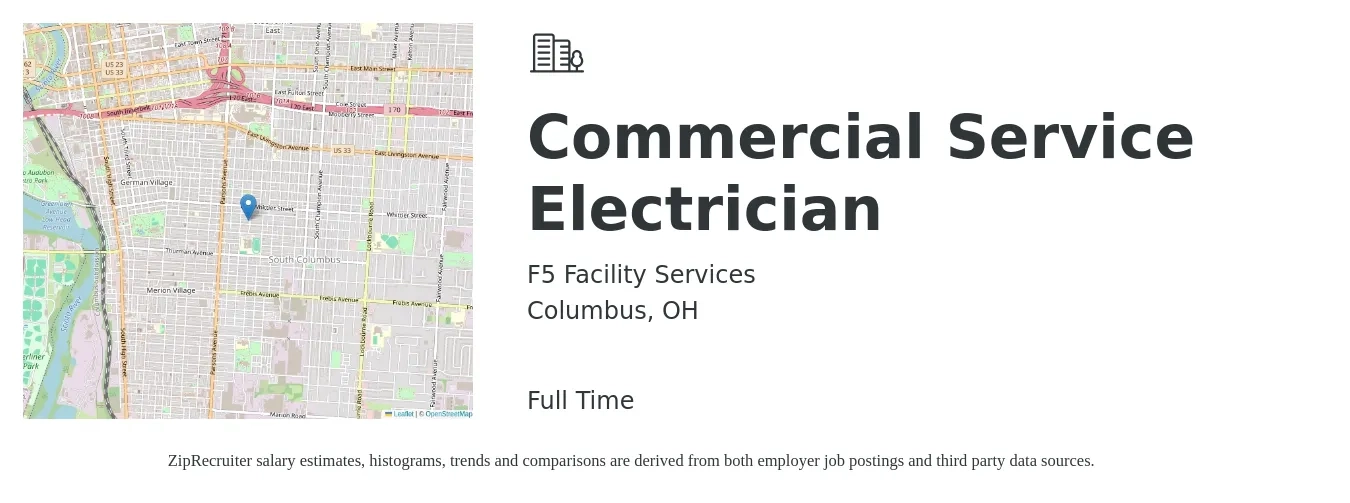 F5 Facility Services job posting for a Commercial Service Electrician in Columbus, OH with a salary of $25 to $40 Hourly with a map of Columbus location.