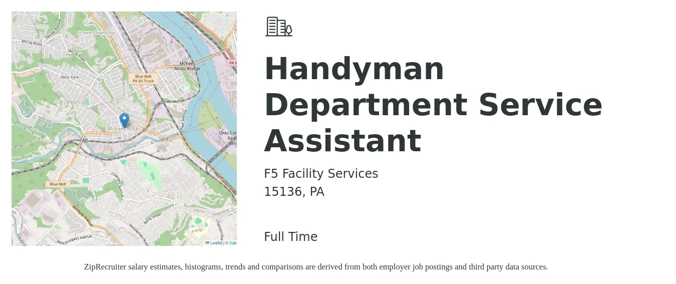 F5 Facility Services job posting for a Handyman Department Service Assistant in 15136, PA with a salary of $14 to $19 Hourly with a map of 15136 location.