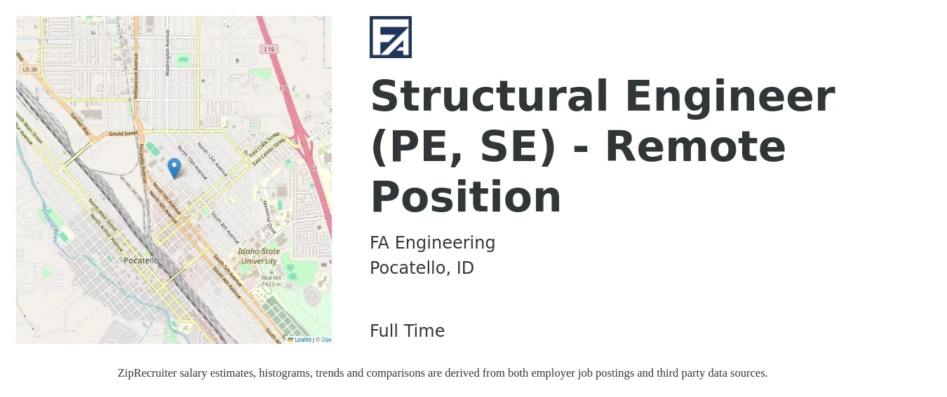 FA Engineering job posting for a Structural Engineer (PE, SE) - Remote Position in Pocatello, ID with a salary of $80,000 to $120,000 Yearly with a map of Pocatello location.