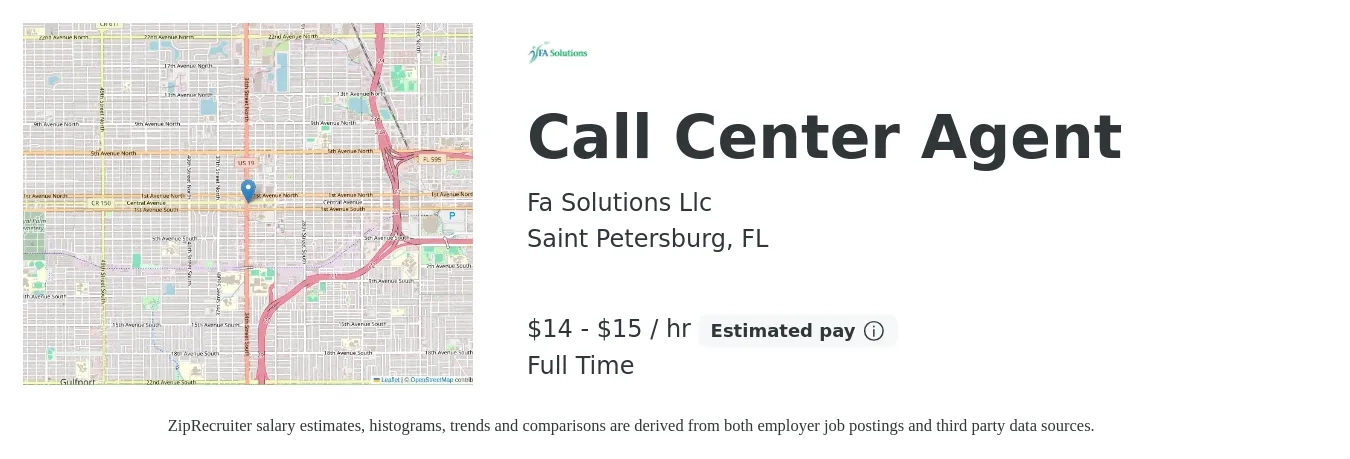 Fa Solutions Llc job posting for a Call Center Agent in Saint Petersburg, FL with a salary of $15 to $16 Hourly with a map of Saint Petersburg location.