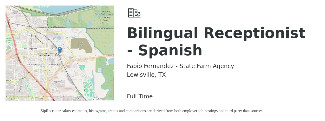 Fabio Fernandez - State Farm Agency job posting for a Bilingual Receptionist - Spanish in Lewisville, TX with a salary of $15 to $19 Hourly with a map of Lewisville location.