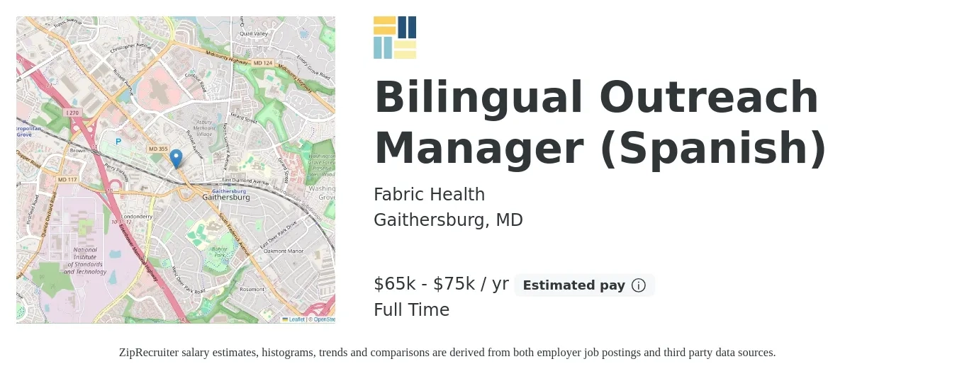 Fabric Health job posting for a Bilingual Outreach Manager (Spanish) in Gaithersburg, MD with a salary of $65,000 to $75,000 Yearly with a map of Gaithersburg location.
