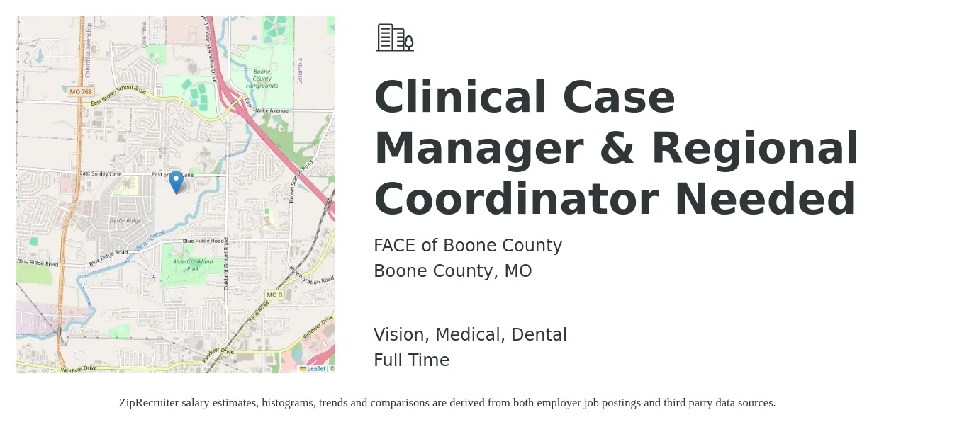 FACE of Boone County job posting for a Clinical Case Manager & Regional Coordinator Needed in Boone County, MO with a salary of $22 to $33 Hourly and benefits including retirement, vision, dental, life_insurance, medical, and pto with a map of Boone County location.